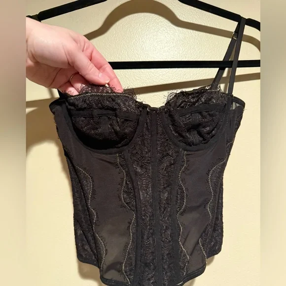 Urban Outfitters Out From Under Modern Love Corset Top Black Tan Lace Trim - Picture 9 of 10